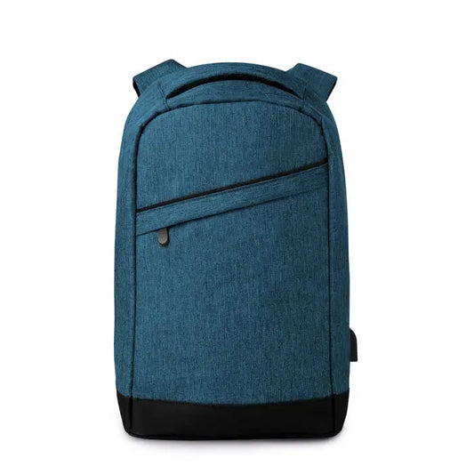 Rucsac 2 tonuri din material texturat albastru teal cu baza neagra si mufa usb inclusa
