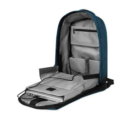 Rucsac 2 tonuri teal texturat cu interior gri si fermoare negre pentru depozitare tehnologie si mufa usb integrata