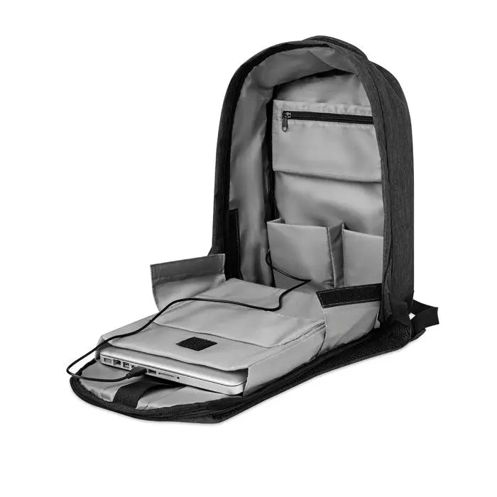Rucsac 2 tonuri negru cu interior gri si mufa usb, compartimente multiple pentru laptop argintiu sigur