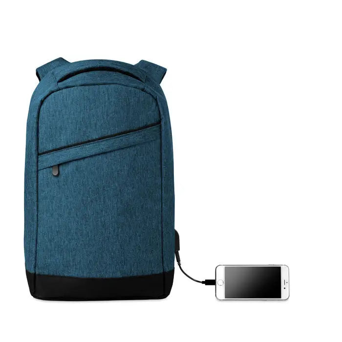 Rucsac 2 tonuri din material texturat teal cu baza neagra si mufa usb integrata conectata la smartphone