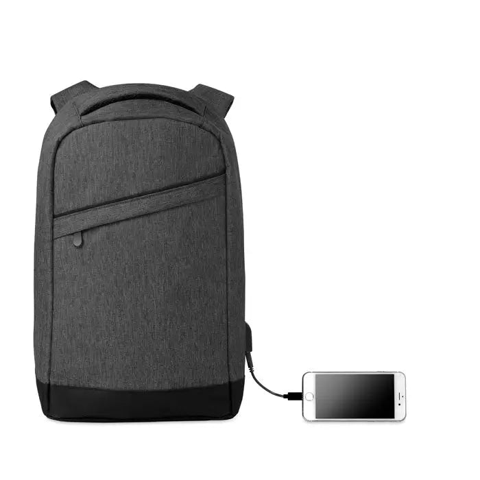 Rucsac 2 tonuri din material texturat gri închis cu bază neagră și port usb integrat conectat la smartphone