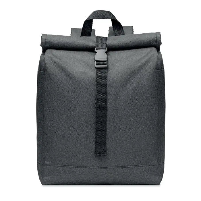 Rucsac 600d rpet 2 tonuri gri închis cu capac rulabil și bretele negre din material texturat
