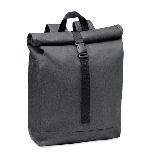 Rucsac 600d rpet 2 tonuri cu corp texturat gri inchis si bretele negre din material webbing pentru uz cotidian