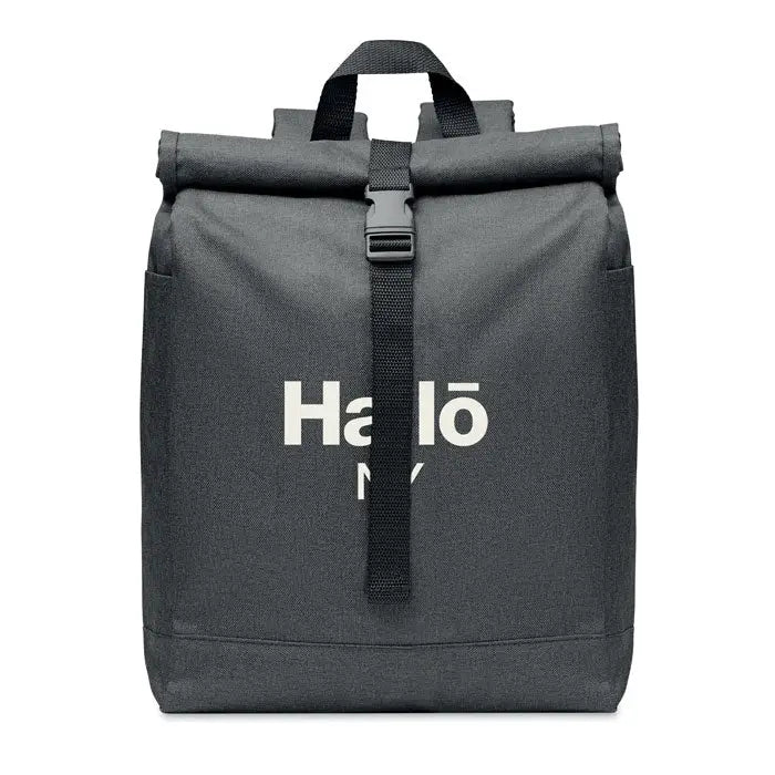 Rucsac 600d rpet 2 tonuri gri închis cu scris alb hallo și bretele negre reglabil din webbing