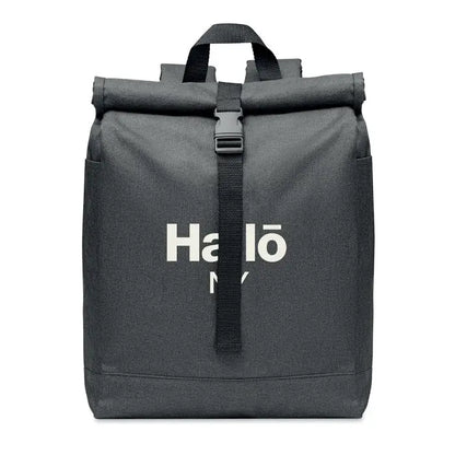Rucsac 600d rpet 2 tonuri gri închis cu scris alb hallo și bretele negre reglabil din webbing