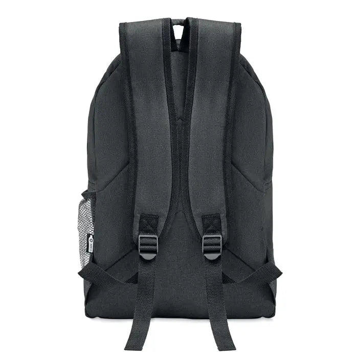 Rucsac 600d rpet negru din pânză cu buzunar lateral din plasă și bretele reglabile pentru umăr