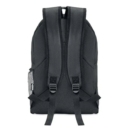 Rucsac 600d rpet negru din pânză cu buzunar lateral din plasă și bretele reglabile pentru umăr