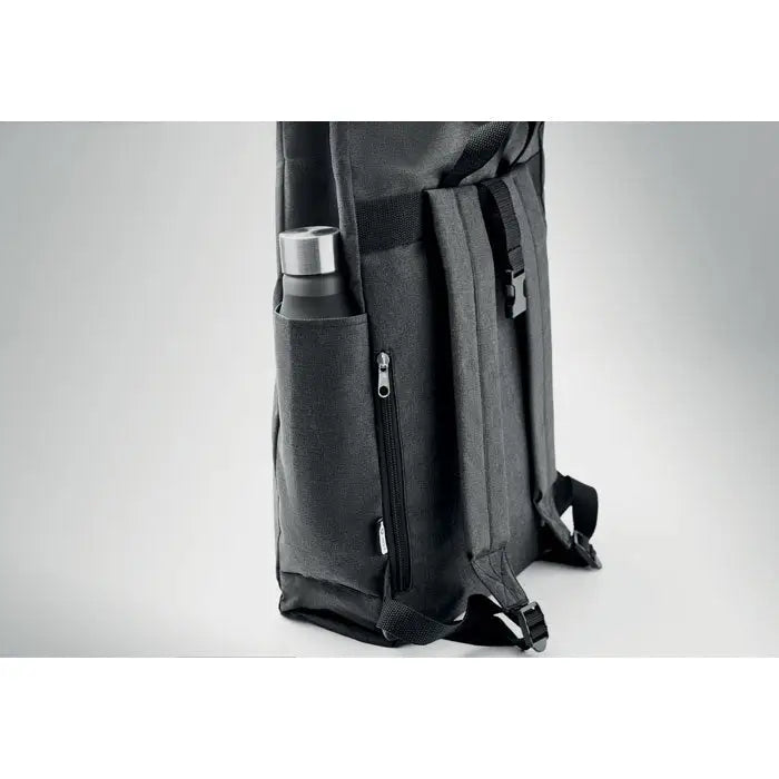 Rucsac 600d rpet 2 tonuri negru din pânză cu bidon argintiu în buzunar lateral