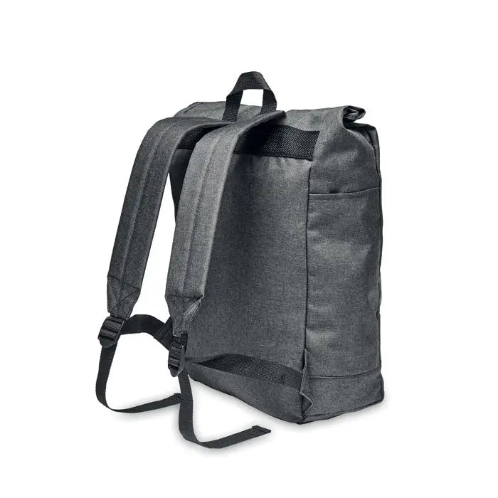 Rucsac 600d rpet 2 tonuri din material heathered gri închis cu bretele negre și mâner superior
