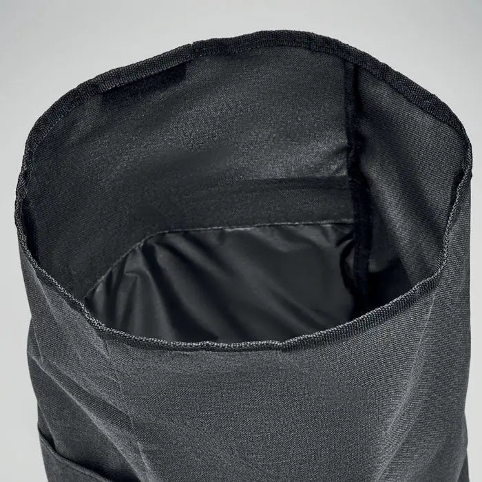 Rucsac 600d rpet 2 tonuri din material texturat negru cu design minimalist si cusaturi intarite pe marginea superioara