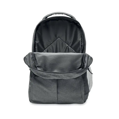 Rucsac 600d rpet 2 tonuri gri din material texturat cu captuseala interioara neagra si buzunar lateral din plasa