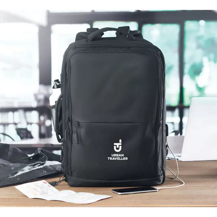 Rucsac 600d rpet negru pentru călători urbani cu design minimalist și multiple compartimente cu fermoar