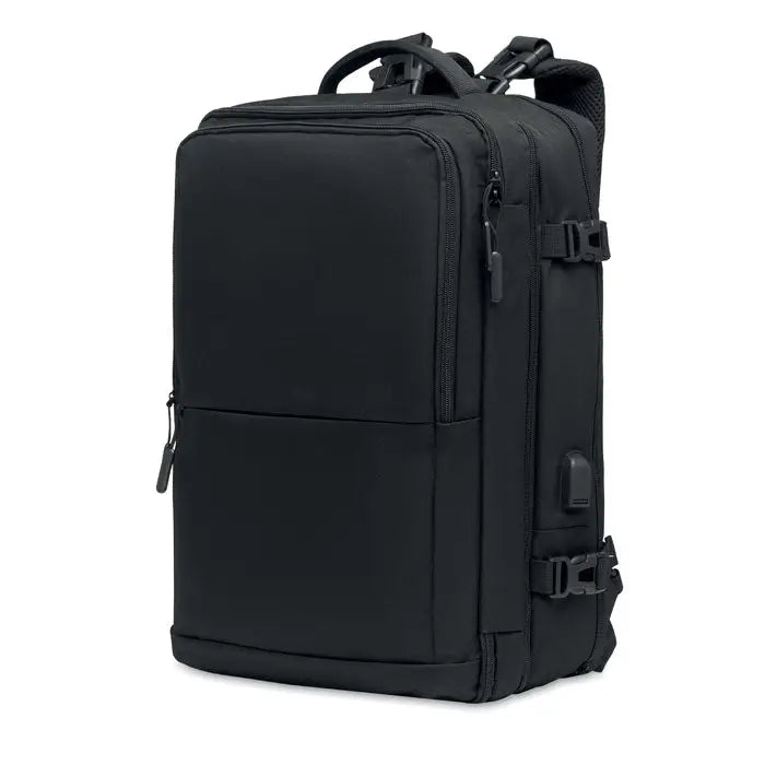 Rucsac 600d rpet negru din nylon cu multiple compartimente cu fermoar si bretele reglabile pentru laptop