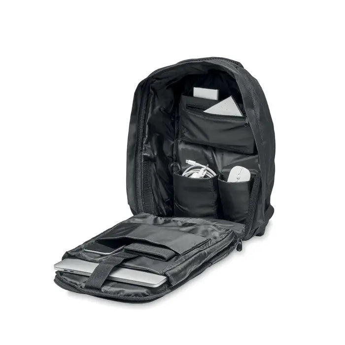 Rucsac 600d rpet negru pentru laptop cu compartimente multiple si interior captusit pentru protectie suplimentara