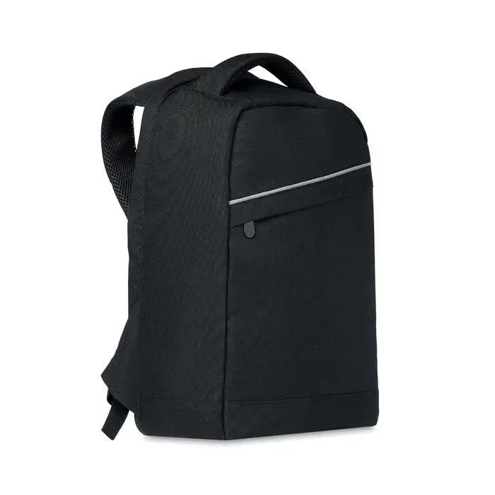 Rucsac 600d rpet negru texturat pentru laptop cu fermoar argintiu subtil si accente orizontale asortate