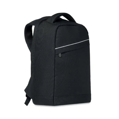 Rucsac 600d rpet negru texturat pentru laptop cu fermoar argintiu subtil si accente orizontale asortate