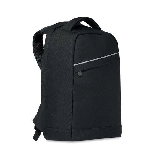 Rucsac 600d rpet negru texturat pentru laptop cu fermoar argintiu subtil si accente orizontale asortate