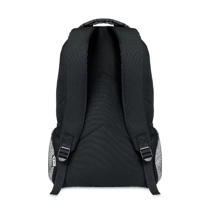 Rucsac 600d rpet negru din nylon cu buzunare laterale plasa si bretele ajustabile vazut din spate