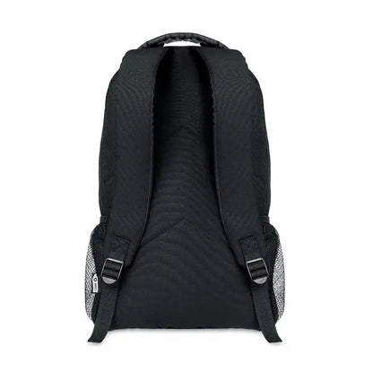 Rucsac 600d rpet negru din nylon cu buzunare laterale plasa si bretele ajustabile vazut din spate