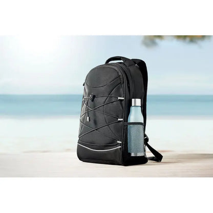 Rucsac 600d rpet negru cu accesorii argintii si buzunar lateral din plasa cu sticla de apa albastra deschisă
