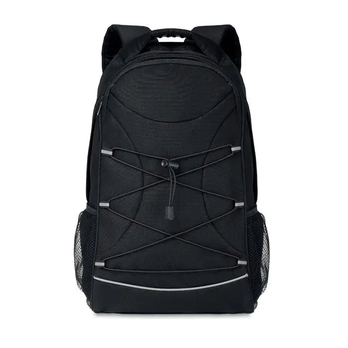Rucsac 600d rpet negru cu buzunare laterale din plasa si garnitura reflectorizanta argintie