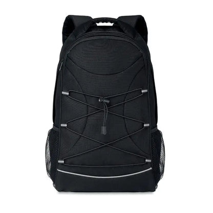 Rucsac 600d rpet negru cu buzunare laterale din plasa si garnitura reflectorizanta argintie