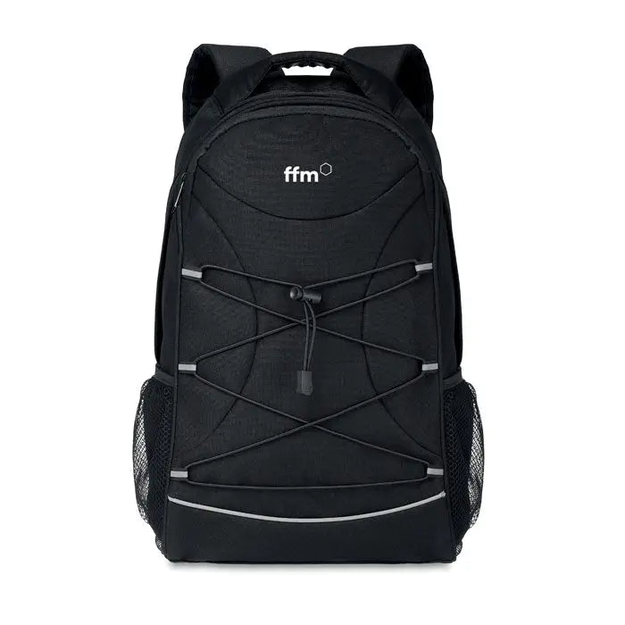 Rucsac 600d rpet negru cu benzi reflectorizante gri si bretele reglabile vazut din spate