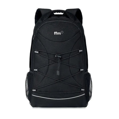 Rucsac 600d rpet negru cu benzi reflectorizante gri si bretele reglabile vazut din spate