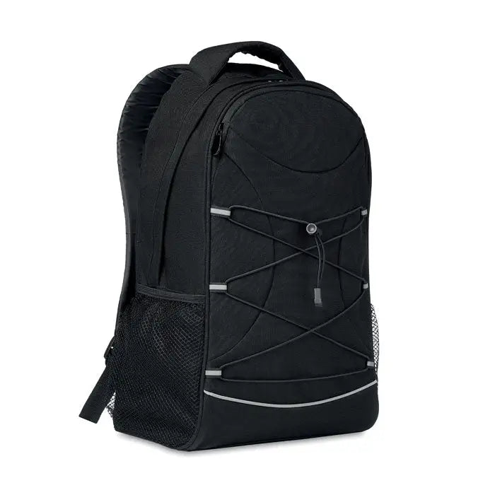 Rucsac 600d rpet negru cu margini reflectorizante argintii si buzunare laterale din plasa