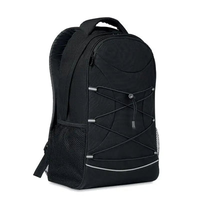 Rucsac 600d rpet negru cu margini reflectorizante argintii si buzunare laterale din plasa