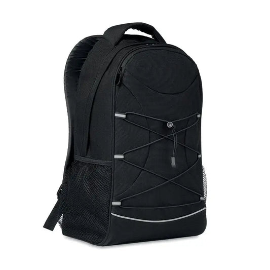 Rucsac 600d rpet negru cu margini reflectorizante argintii si buzunare laterale din plasa
