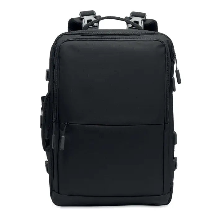 Rucsac negru din nylon 600d rpet cu multiple compartimente cu fermoar si bretele reglabile pentru laptop