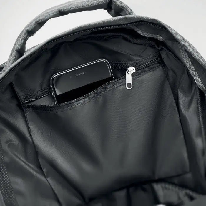 Rucsac care straluceste in intuneric din nylon negru cu buzunar interior cu fermoar ce tine un smartphone