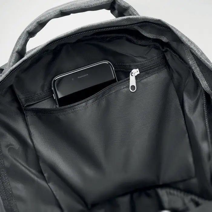 Rucsac care straluceste in intuneric negru din nylon cu compartiment cu fermoar in care este un smartphone