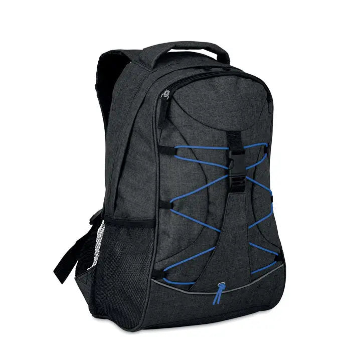 Rucsac care straluceste in intuneric din material texturat gri inchis cu bretele albastre si fermoare negre