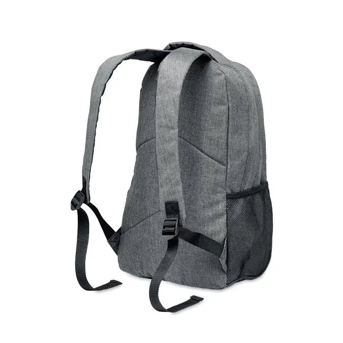Rucsac care straluceste in intuneric din material textil gri cu bretele negre si buzunar lateral plasa