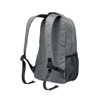 Rucsac care straluceste in intuneric din material textil gri cu bretele negre si buzunar lateral plasa