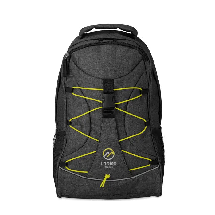 Dark gray textured backpack with bright yellow straps and lhotse guides logo rucsac care straluceste in intuneric