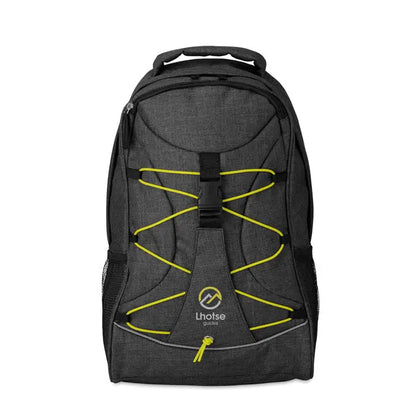 Dark gray textured backpack with bright yellow straps and lhotse guides logo rucsac care straluceste in intuneric
