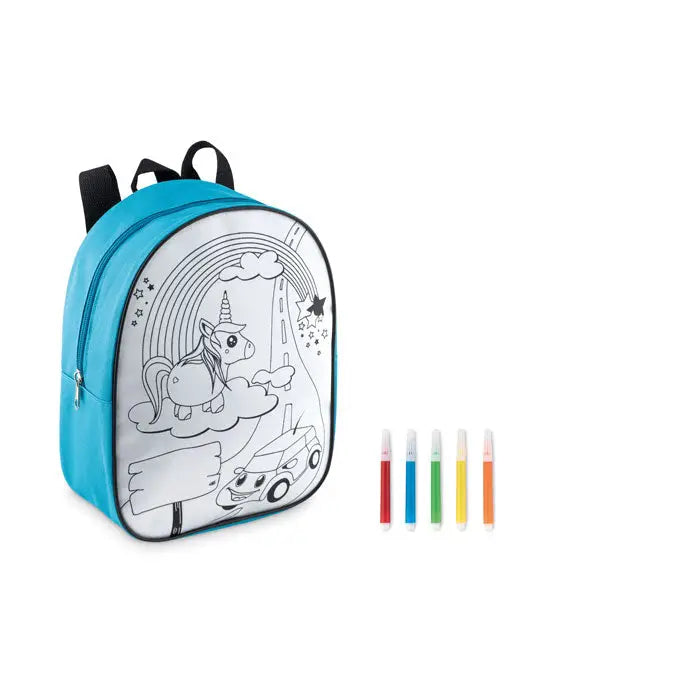 Rucsac albastru pentru copii cu design unicorn si curcubeu insotit de cinci markere colorate