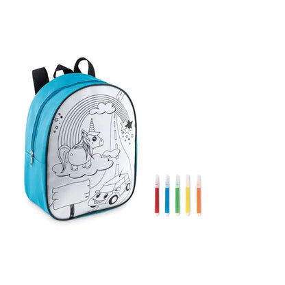 Rucsac albastru pentru copii cu design unicorn si curcubeu insotit de cinci markere colorate