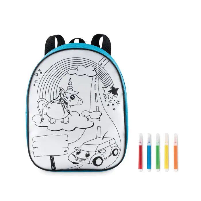 Rucsac copii turcoaz cu 5 markere si design negru cu unicorn, curcubeu si masina pe partea din fata