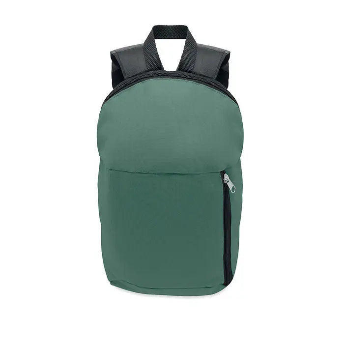 Rucsac cu buzunar frontal din nylon verde inchis, cu fermoare negre si bretele pentru umar