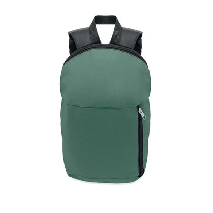 Rucsac cu buzunar frontal din nylon verde inchis, cu fermoare negre si bretele pentru umar