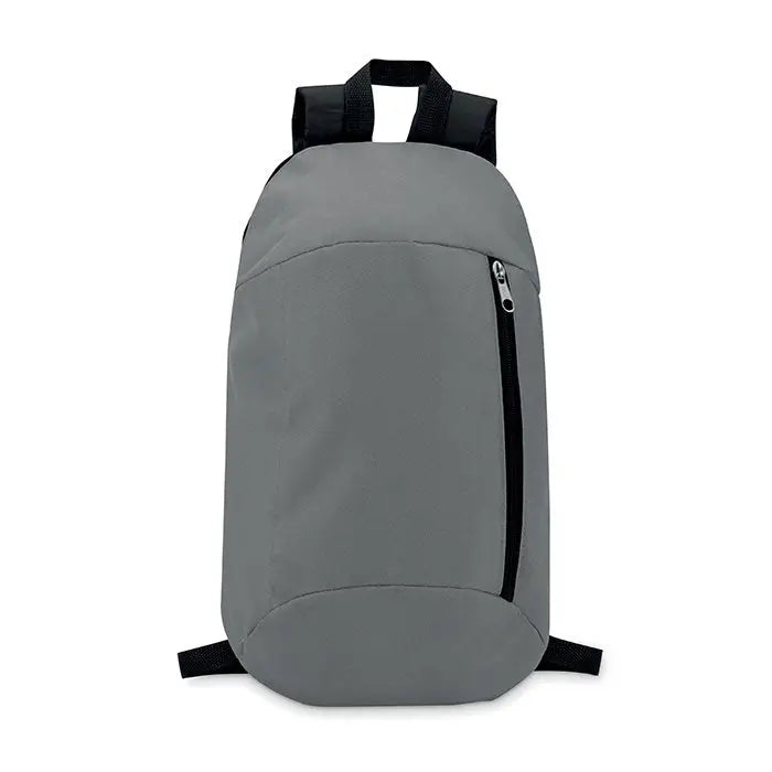Rucsac gri minimalist cu buzunar frontal cu fermoar vertical si bretele negre din material rezistent