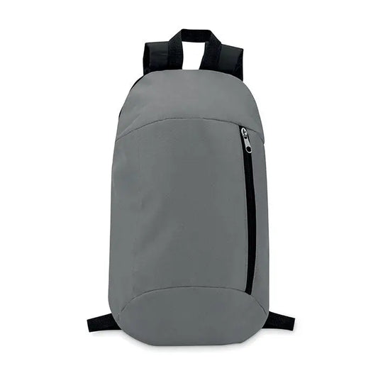 Rucsac gri minimalist cu buzunar frontal cu fermoar vertical si bretele negre din material rezistent