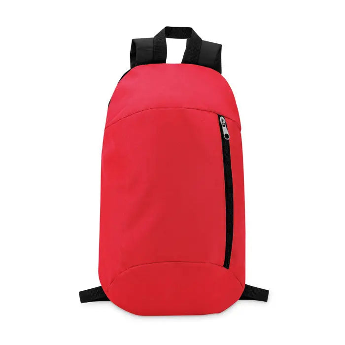 Rucsac minimalist rosu cu buzunar frontal si bretele negre, fermoar vertical, ideal pentru utilizare urbana