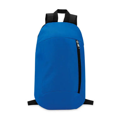 Rucsac cu buzunar frontal din nylon albastru deschis cu bretele negre si fermoar vertical pe fata