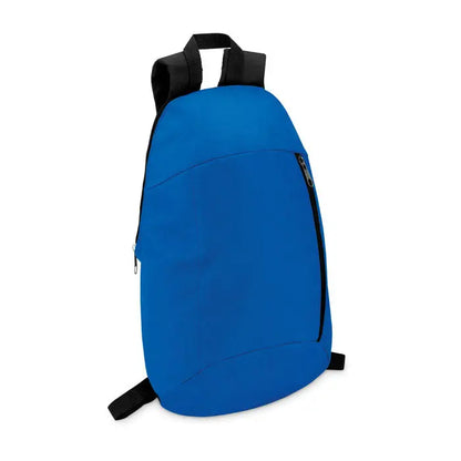 Rucsac cu buzunar frontal din nylon albastru deschis cu bretele si fermoare negre