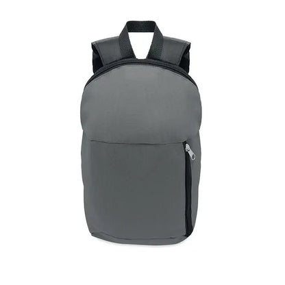 Rucsac cu buzunar frontal din nylon gri cu fermoare negre si bretele de umar negre